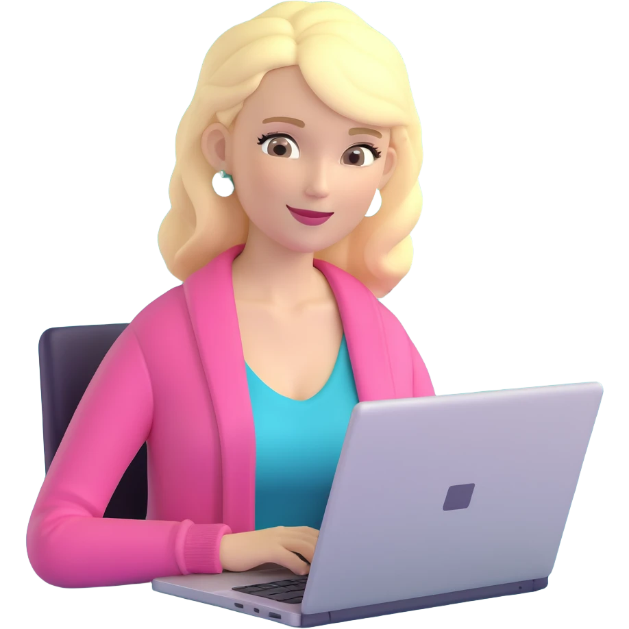 blonde woman in a pink cardigan working on a laptop emoji