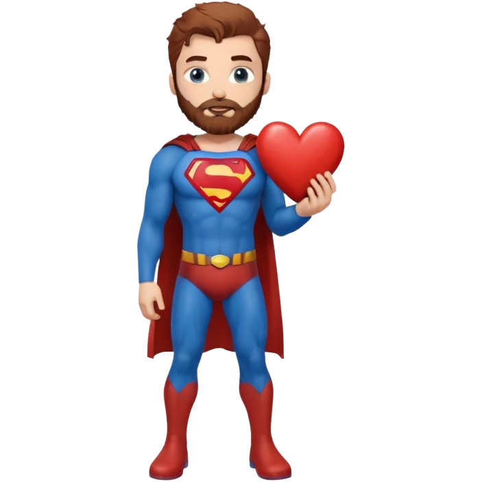 Adult-tall-full body- Superman-with redish brownish messy hair-full neatly trimmed beard-blue eyes-holding a heart  emoji