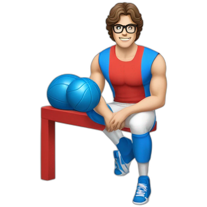 retro 70s blue and red gym clothes for a modern white brunette uni male student with glass emoji