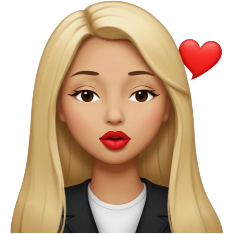 Mujer color de piel moreno claro, posicionada de lado, con cabello rubio largo, lacio y suelto, ojos negros, un ojo cerrado, mandando un beso de lado emoji