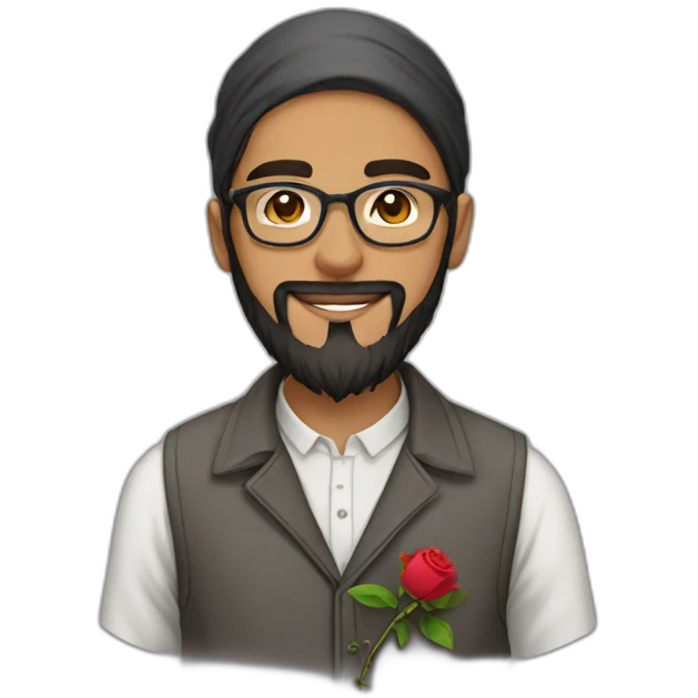 A Muslim bearded teenager wearing glasses with a rose and a letter emoji