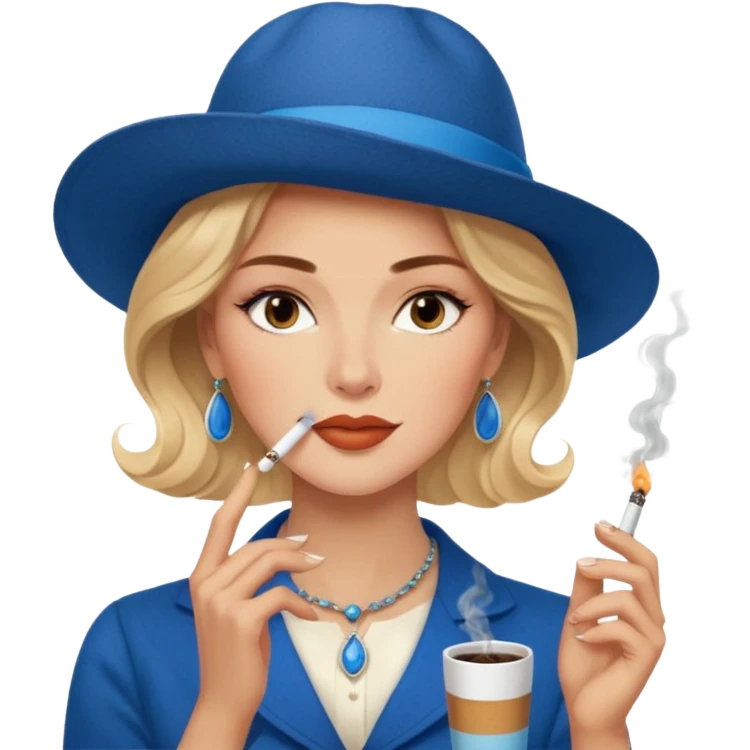 a woman with a slight smile smoking a cigarrette while holding a blue hardcover of Anna Karenina by Liev Tolsoi in a cafeteria full of queer people being nice and ordering specialty coffee from nigeria emoji