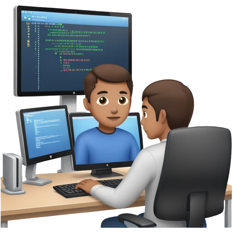 Парень сидит за компьютерным столом и 3 мониторами и кодит emoji