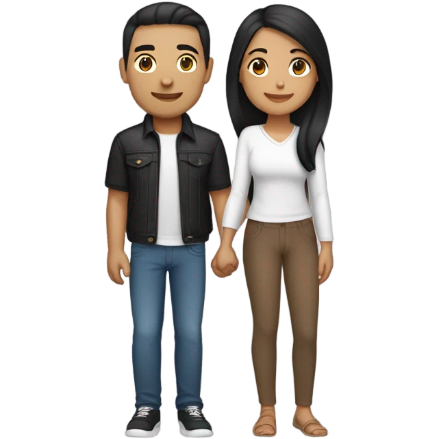 a couple holding hands. the guy has black middle part hair and is Persian and Filipino mix, wearing a jacket. the girl has brown medium length hair white and asian mix, wearing a crop top. emoji