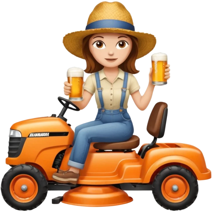 White woman with brown hair, without glasses wearing a straw hat, on old orange ride on lawn mower, holding a beer emoji