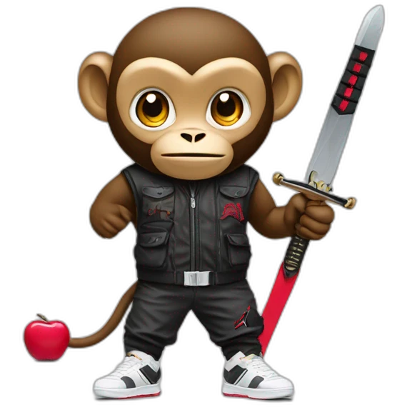 Monkey wearing Jordan 4 on its  feet with a bunch of Nike clothes  with swords emoji