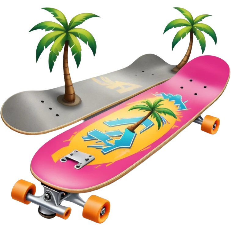 An icon featuring a skateboard resting on a smooth concrete surface. The background shows a sunny skate park with ramps, graffiti walls, and palm trees, creating an urban vibe. The skateboard is designed with vibrant colors and unique graphics. Transparent background  emoji