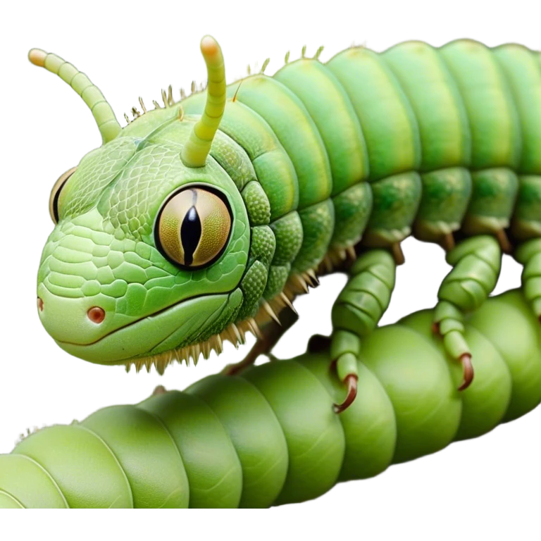 Cinematic Realistic Noble Caterpillar Portrait Emoji, Poised and serene, with a slender, segmented body covered in vivid, detailed green scales accented by subtle natural patterns, and a tiny, focused face with delicate, inquisitive eyes, rendered with lifelike texture and soft natural lighting, high shine, intelligent and delicate, styled with an air of woodland elegance, focused and attentive, soft glowing outline, capturing the essence of a watchful and confident looper caterpillar that appears ready to inch gracefully out of the screen with natural authority! emoji
