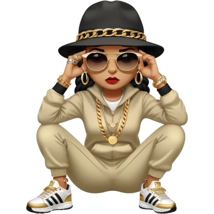 female cat wearing Run DMC hip-hop outfit with tracksuit, fedora, Adidas sneakers, dark sunglasses, many gold chains, rings, bracelets, flashy earrings, fallen down with worried expression emoji