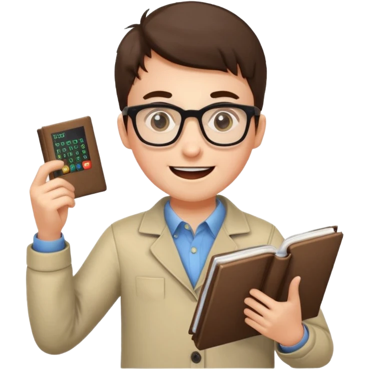young programmer, excited, holding code book emoji