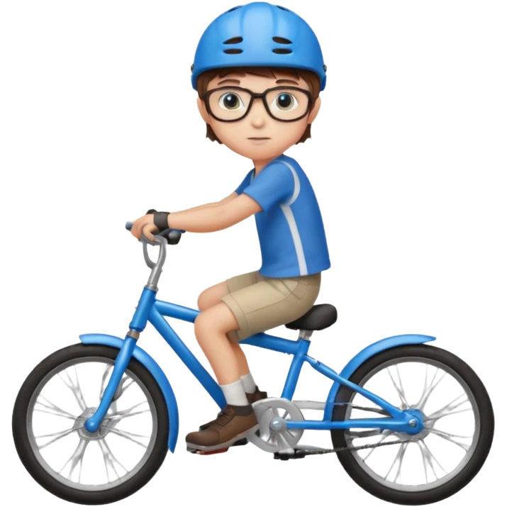 12 year old boy with short brown hair and a fringe, round glasses, blue eyes, riding a blue bike, wearing a red helmet emoji