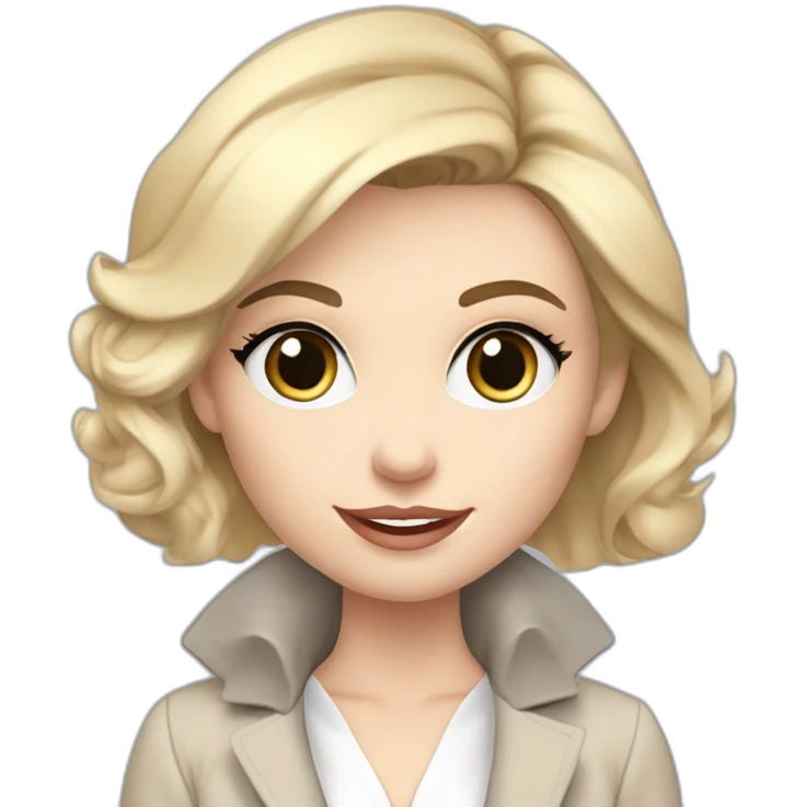 pale skin woman interior designer with cold blonde middle length hair, blue eyes, beige blouse, White oversize jacket, Gray skirt holding a color palette in the hands emoji