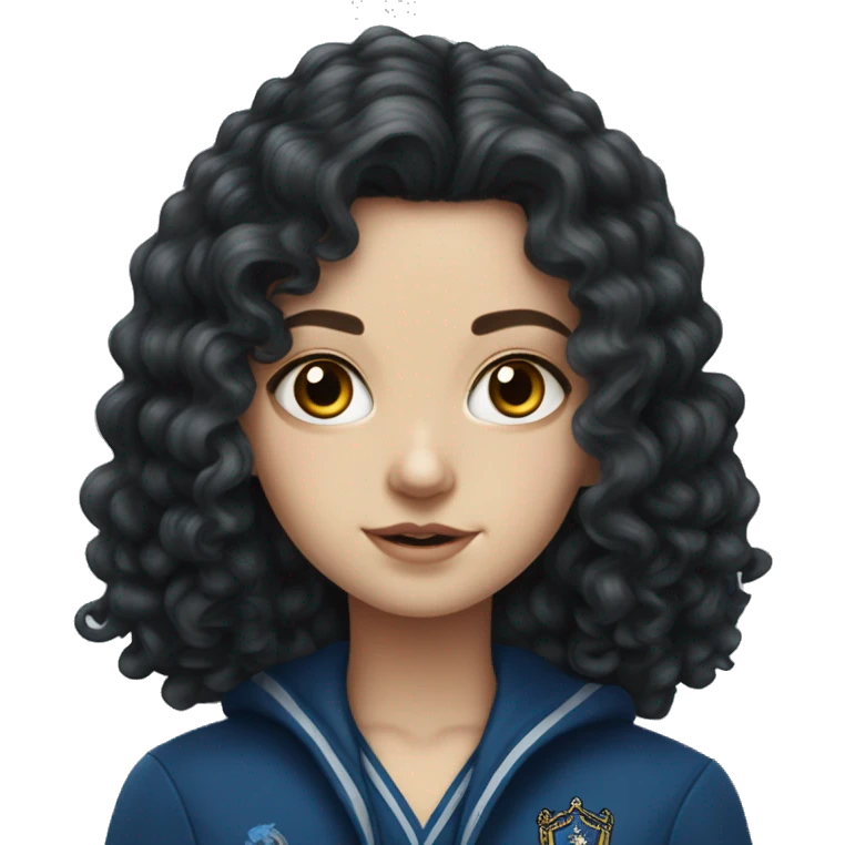Hyper realistic White girl with long black curly hair wearing a ravenclaw school inform emoji