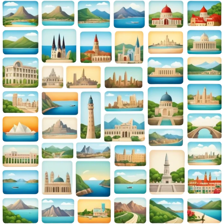 Icon for Postcard Collecting: a collection of colorful vintage postcards, featuring scenic views, landmarks, and greetings, arranged neatly in an album or on a display board. The icon should convey the charm and nostalgia of postcard collecting. Transparent background. emoji