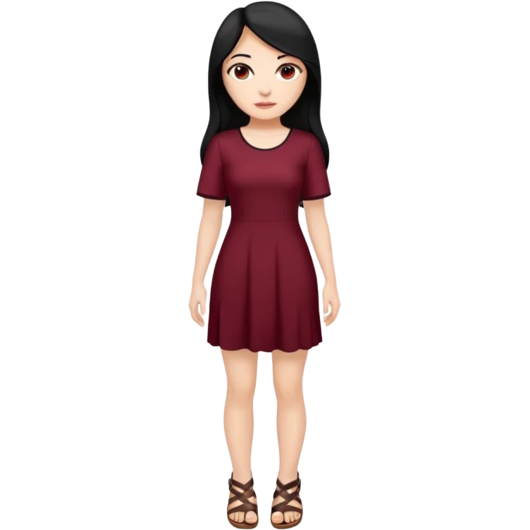 Chica blanca ,ojos marrones, vestido granate largo sexy manga corta,  cuerpo entero pelo negro y largo sandalias emoji