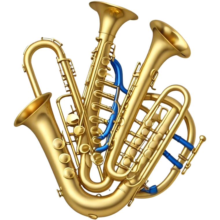 Create a complex, festive, and professional emblem-like emoji representing wind instruments. The design should resemble a heraldic crest, featuring iconic brass and woodwind instruments such as a trumpet, saxophone, clarinet, flute, trombone, and tuba, symmetrically arranged in a balanced composition. A flowing ribbon of musical notes should elegantly weave around the instruments, intertwining with their curves, bells, and mouthpieces, creating a dynamic and harmonious effect. The instruments should have rich metallic tones—gold for brass and silver for woodwinds—with polished highlights and intricate details on the keys and valves. Decorative elements such as elegant scrollwork, laurels, or subtle engravings should enhance the grandeur of the design, making it look celebratory and prestigious. The overall composition should be visually complete, refined, and suitable as a standalone emblem. The background should be transparent. emoji