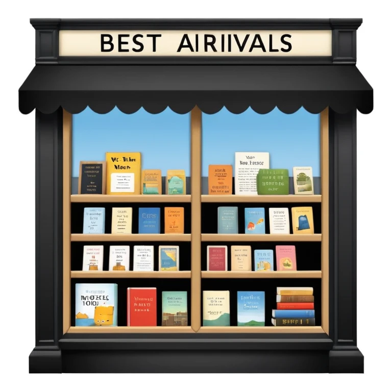 Bookstore window display. A sign displays “New Arrivals This Week”. Below, a shelf tag with the text “Best-Selling Novels Here”.  emoji
