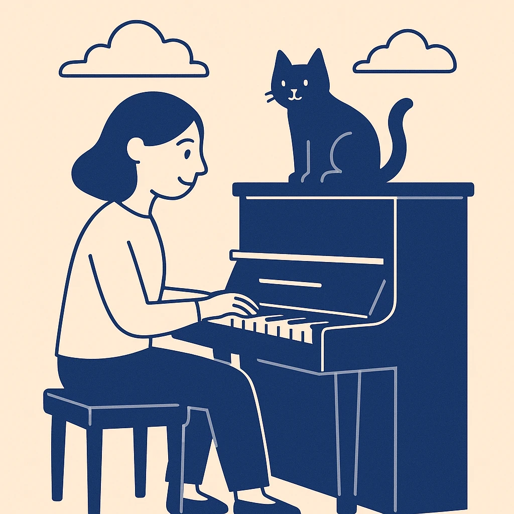 woman playing piano while her cat sits on top of the piano emoji