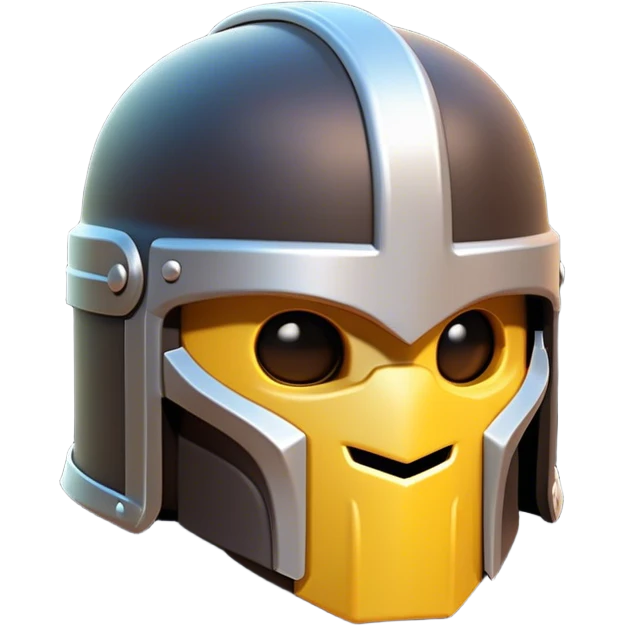 Clash of Clans aesthetic: Cinematic Playful 3D Isometric Helmet Emoji, rendered in a 3D vector-style similar to standard emojis with minimal shading and bold, simplified shapes. A compact, distinct form with signature details, softly glowing with a fantasy RPG magic charm. Simplified yet unmistakably iconic, highly detailed and consistent, glowing with a soft radiance and high shine. Stylized with a touch of heroic grandeur and a soft glowing outline, capturing the essence of a beloved gaming relic with a friendly, playful manner! emoji