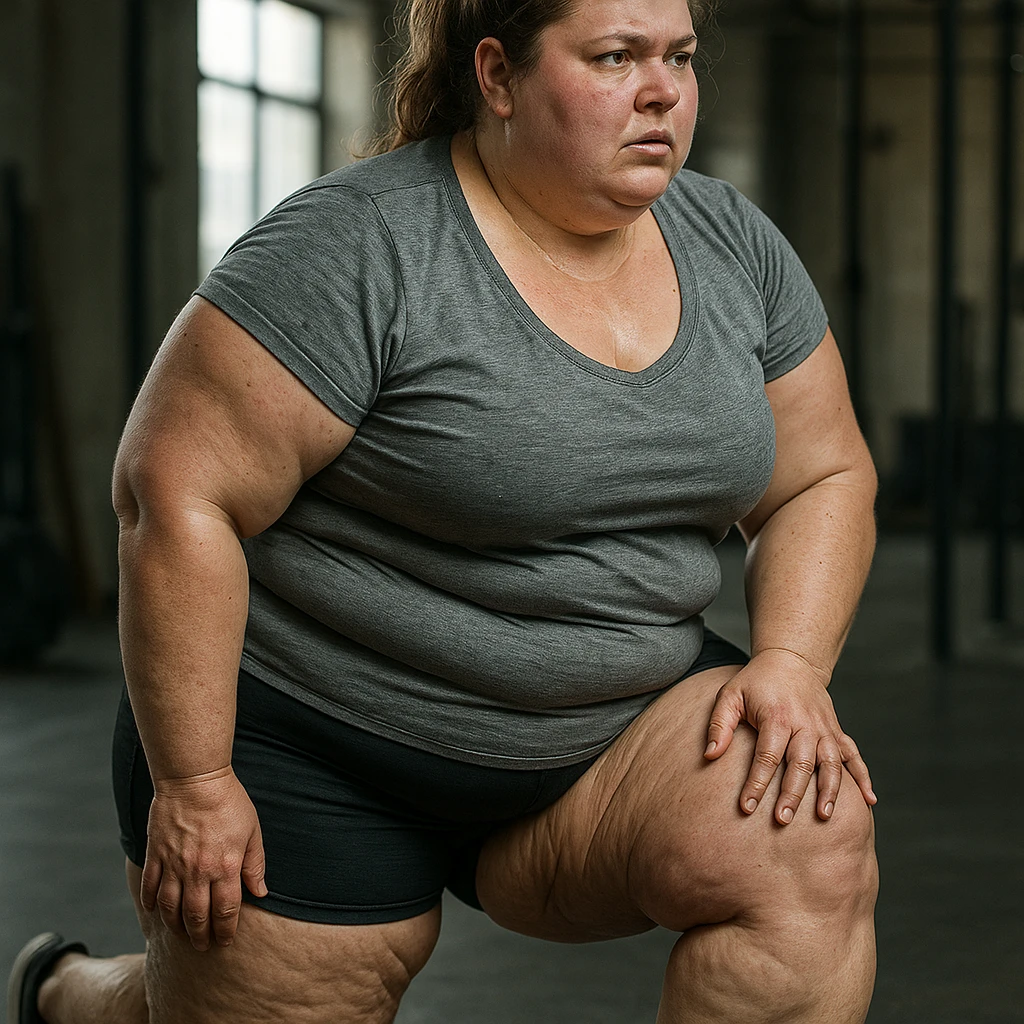 overweight woman doing lunges, stubborn fat on legs and thighs, hyper realistic 4K style, muscle details, effort atmosphere emoji