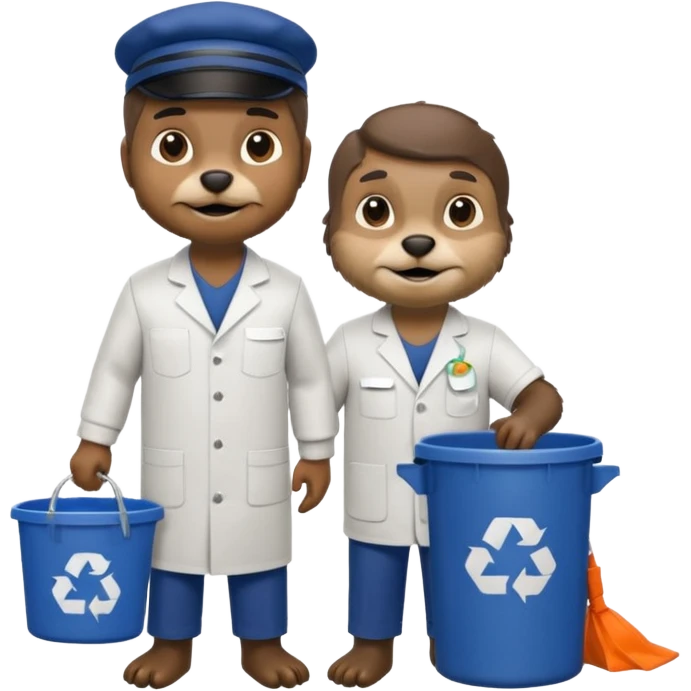 an otter disguised as a man picking up trash bins, next to a mad scientist emoji