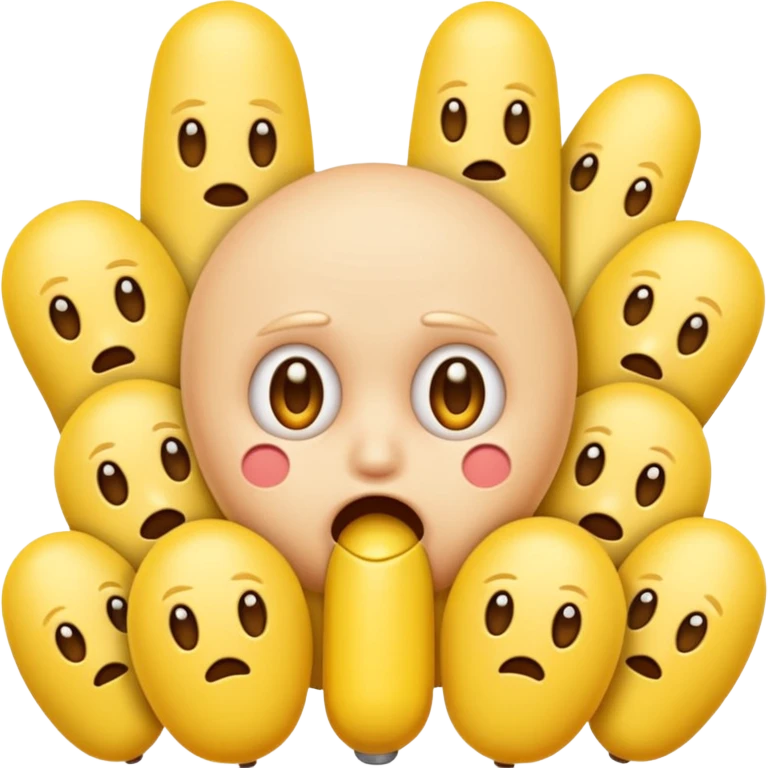 I want the main person to be an emoji with a bunch of phallic-like objects surrounding them, and their face should show fear of them. The main emoji should look more like a standard emoji face though emoji