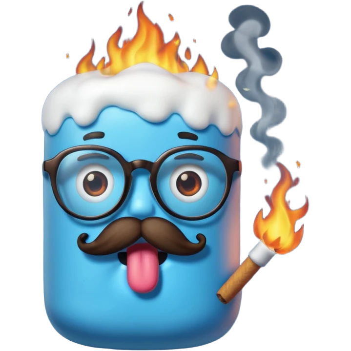 blue marshmallow on fire, surprised with mustache and glassess, just marshmallow emoji