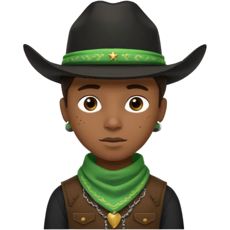 Black boy in black top wearing a black cowboy hat with green bandana around his neck emoji