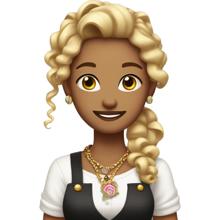 Waitress with white shirt and black apron, curly dirty-blonde hair in a pony tail, hazel eyes, LOTS of bohemian jewelry and bracelets  emoji