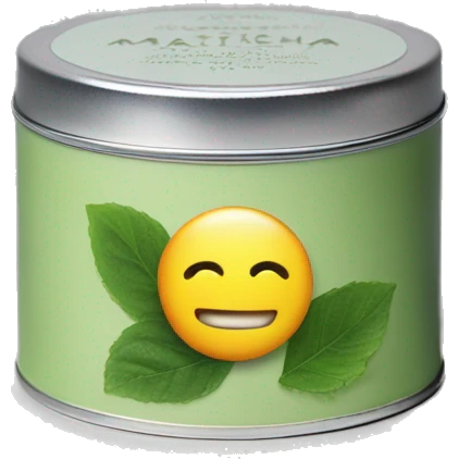 matcha scented candle in a silver tin with a small white label hyperrealistic emoji