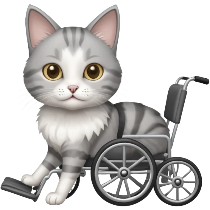 disabled grey and white small cat using a wheelchair made for cats emoji