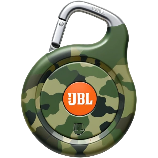 Minimal JBL Clip 4 with proper circular form, carabiner clip, green camouflage, and JBL branding visible, iOS emoji style emoji