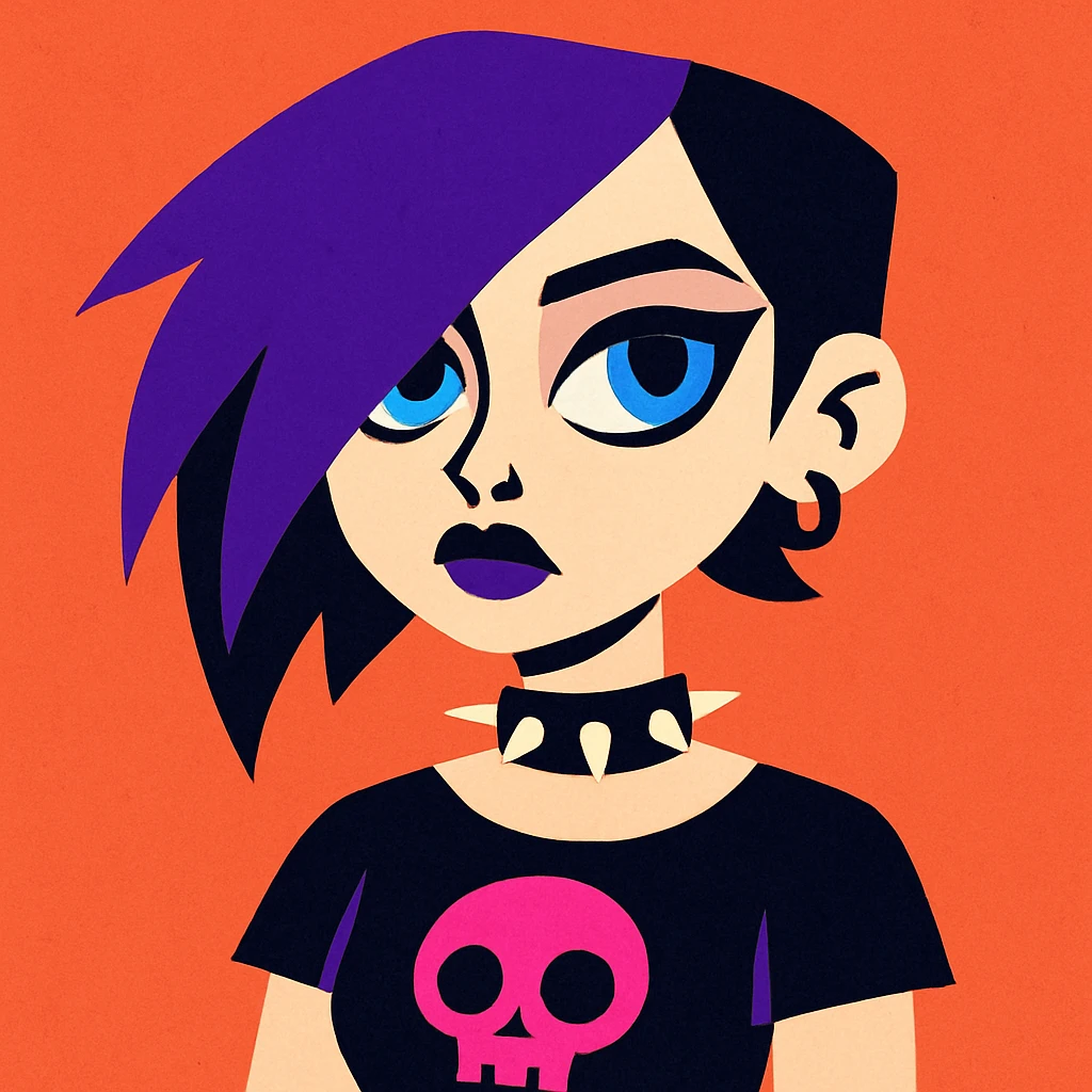 goth girl with purple asymmetrical hair, blue eyes, pale skin, unique illustrative style emoji