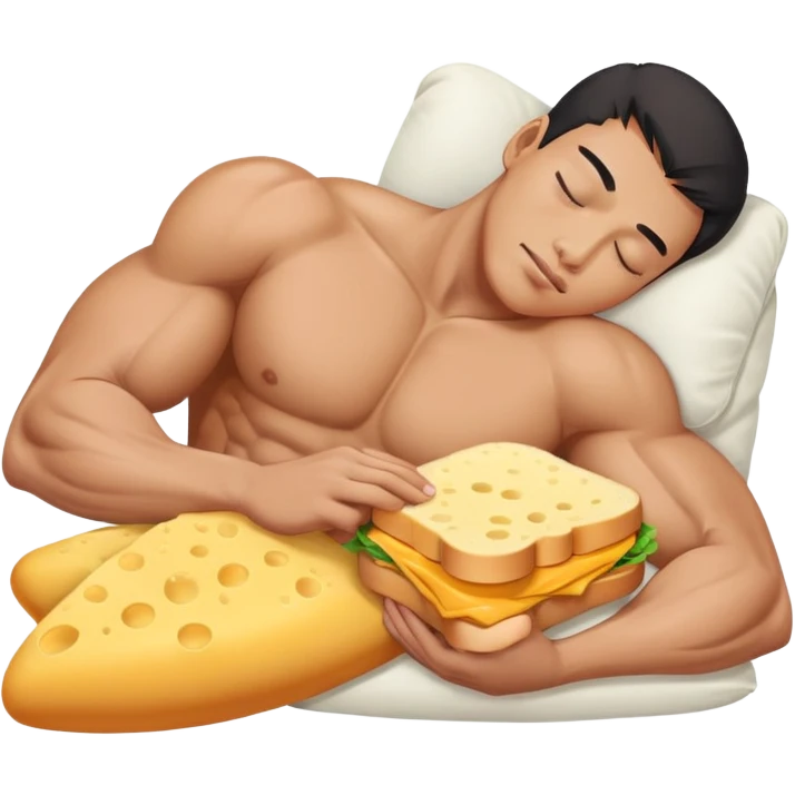 Muscle Asian male sleeping with cheese sandwich as pillow emoji