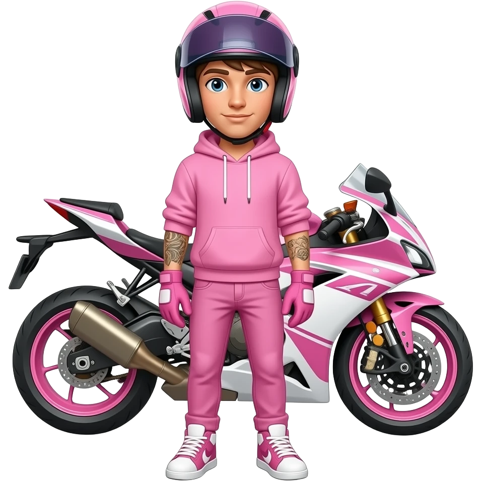 young figured man with pink jeans and a pink hoodie wearing white pink sneakers and pink gloves, tattoos on both forearms also he wears a pink motorcycle helmet with dark full vision and stands in front of a pink white motorcycle emoji