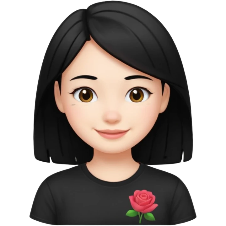 a pretty bratz fair girl with straight black hair, wearing a black tshirt, smiling emoji