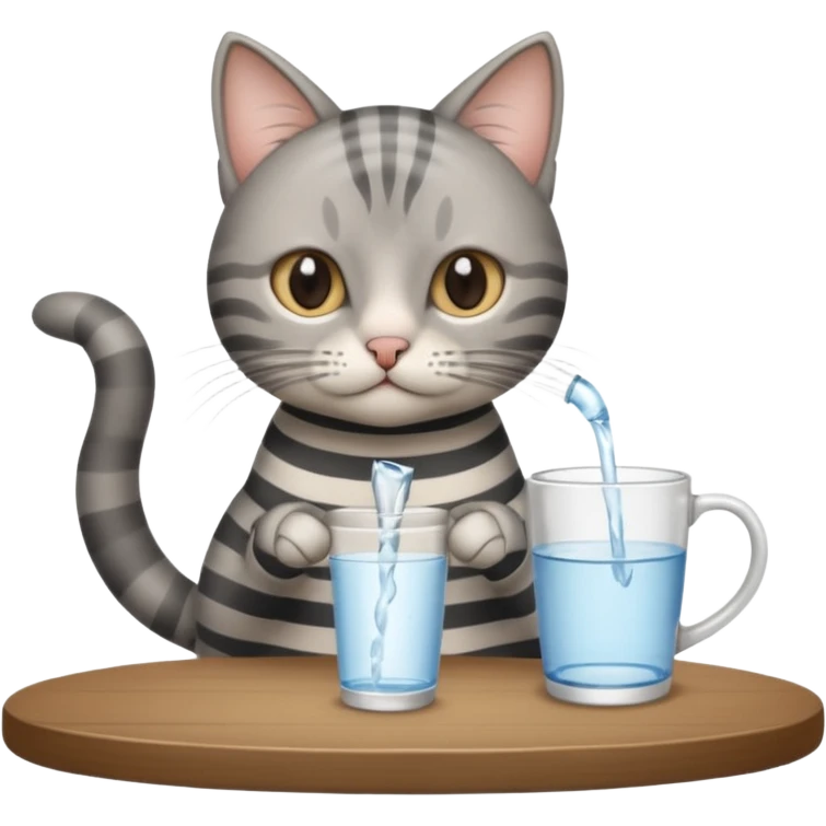 A gray striped cat sitting at a table drinking water from a mug without a visible water stream emoji