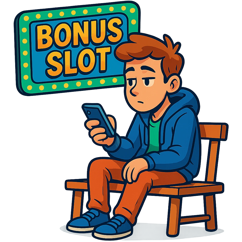a person sitting on a bench, glancing at a phone, waiting for a bonus slot, cartoon style, vibrant colors emoji