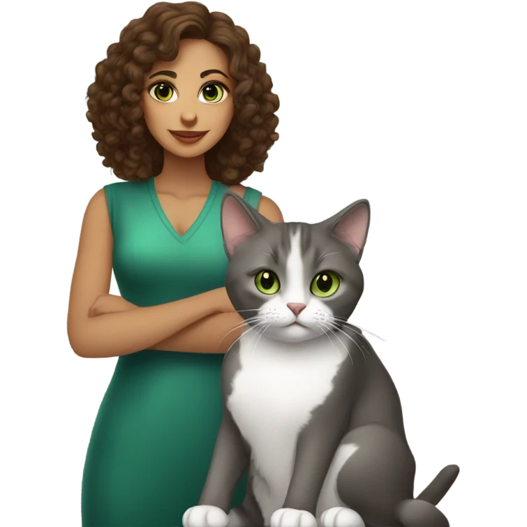 Brown curly hair latina girl with brown eyes holding a grey tuxedo cat with green eyes emoji