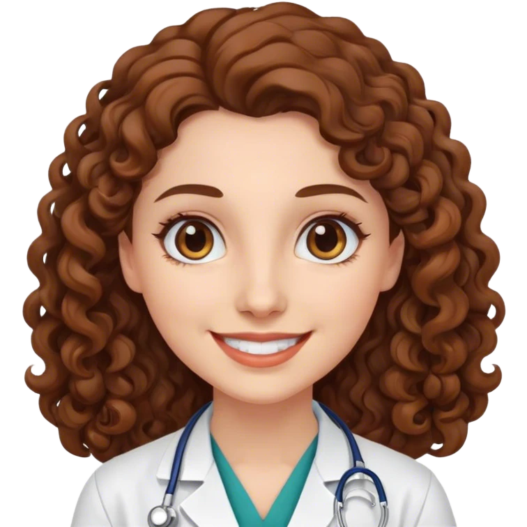 smiling doctor woman, brown eyes, white skin,  long brown curly hair emoji