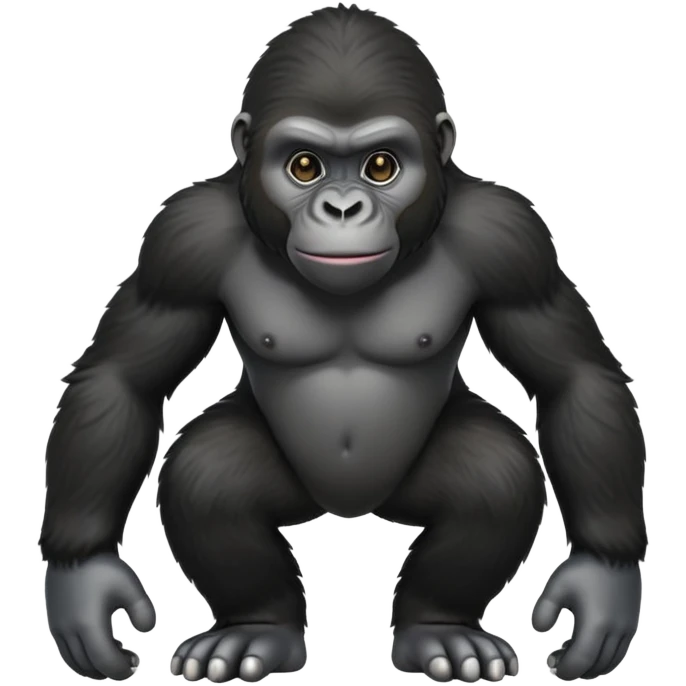 cinematic-friendly relaxed young gorilla-realistic-full-body-crouched on all fours on knuckles-emoji,-poised-with-confidence,-massive-arms-hanging-slightly-forward,-head-tilted-thoughtfully,-thick-black-fur, friendly ,-simplified-yet-realistic emoji