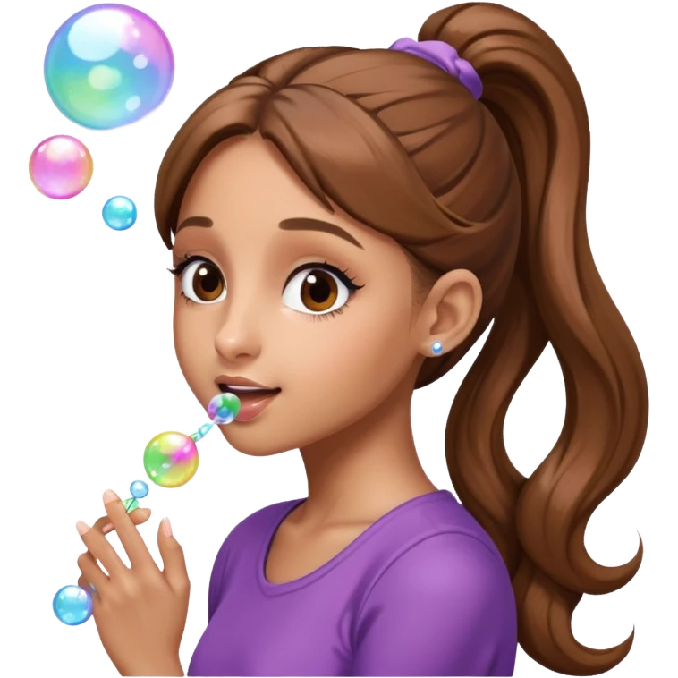 Ariana grande with her long pony tail blowing bubbles emoji