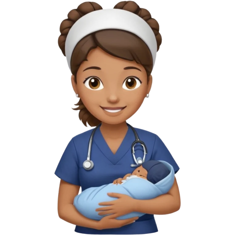 Female nurse smiling wearing no hat with her hair tied up in a roll on the top front of head with medium brown skin and brown eyes holding one new born with navy blue short sleeves emoji