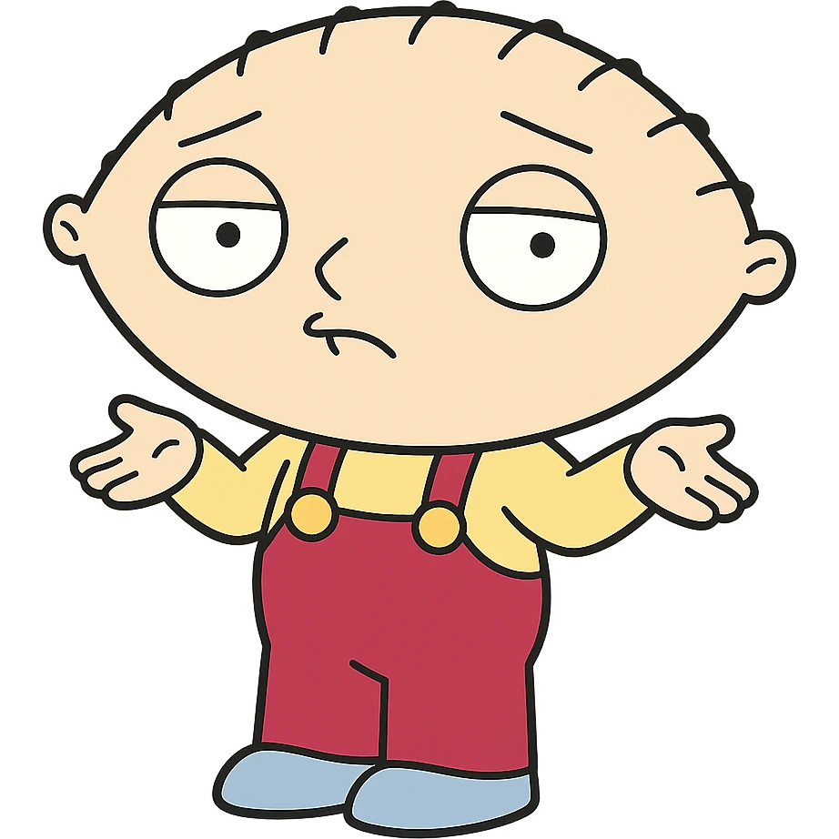 Stewie from Family Guy shrugging with an 'I don't know' expression, cartoon style emoji