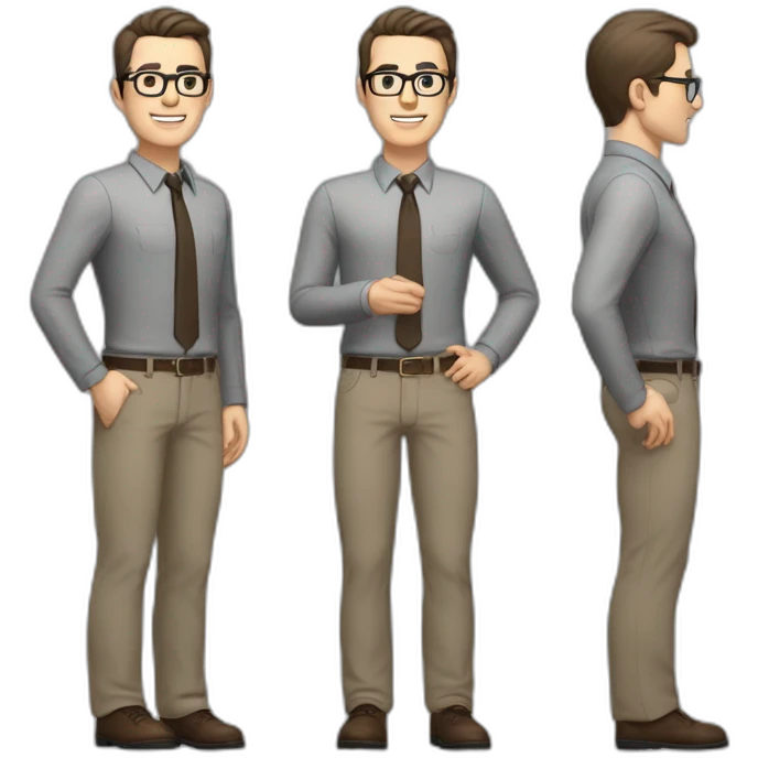 Full height Actively Gesturing Pale skinned fit man with dark brown hair in gray jacket, beige office shirt, brown tie, brown pants and vintage glasses. emoji