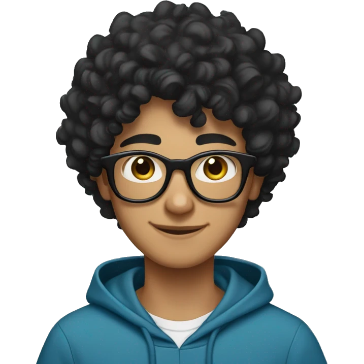 Cheerful Pakistani teenage boy with black curly hair and black glasses. He's wearing a blue hoodie. emoji