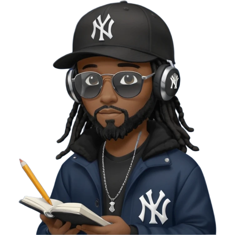 African American man with shoulder length black dreadlocks with black beard wearing black sunglasses wearing a black New York Yankees logo baseball cap wearing a black bubble winter coat wearing headphones writing a rap song in notebook emoji