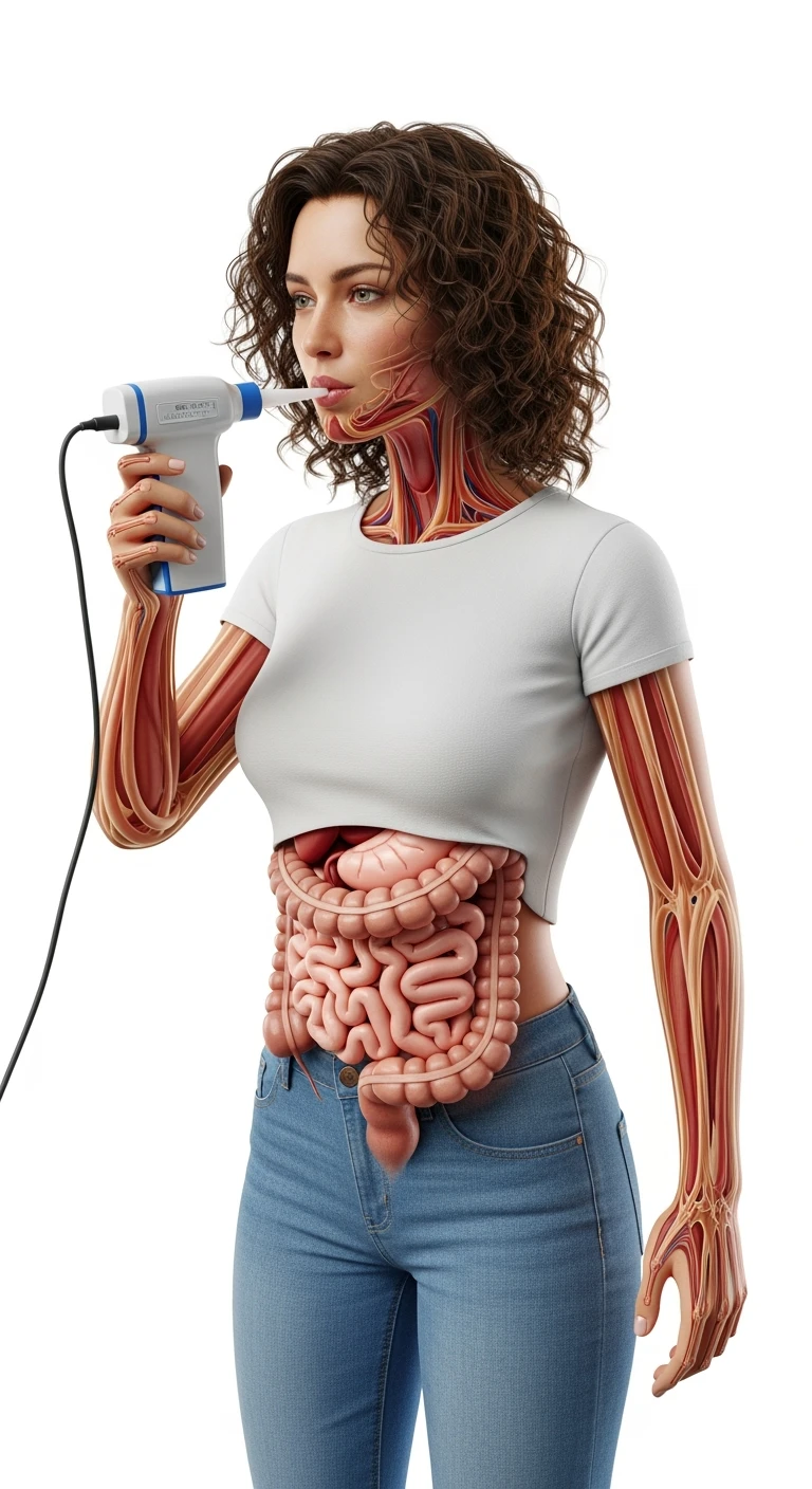 donna a figura intera con intestino anatomico realistico in evidenza che fa il "Breath test", iperrealistica 4k, sfondo bianco emoji