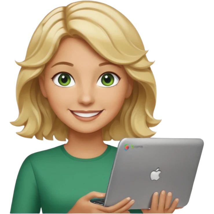 short wavy blonde hair tan skin teacher green eyes woman happy holding chromebook emoji