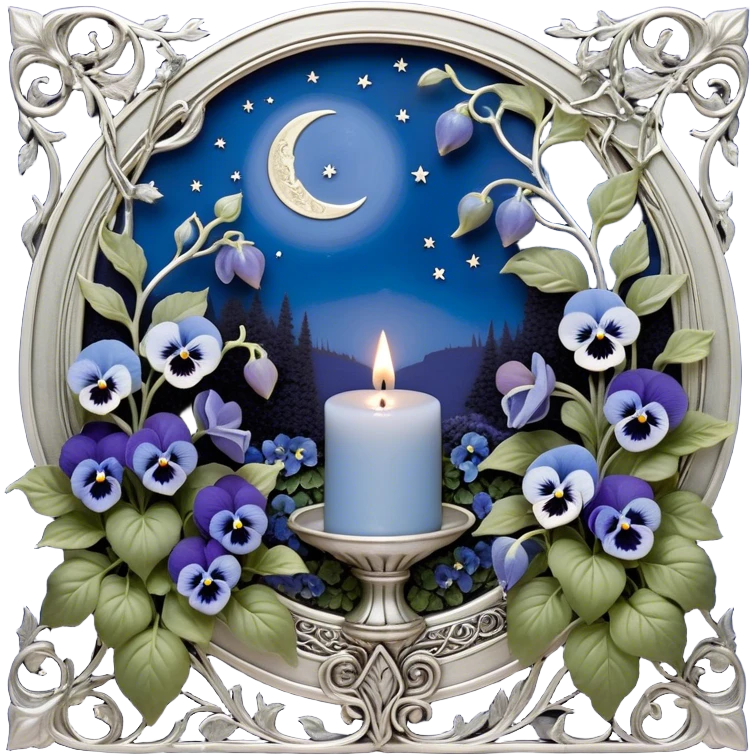 A peaceful sanctuary under the glow of a silver crescent moon, where lush blue pansies bloom in a secluded garden. The pearl-colored candle, adorned with delicate engravings, flickers with a soft luminescence, its wax melting into artistic patterns. Silver ivy vines weave through the flowers, catching the moon’s glow. A gentle breeze lifts tiny petals into the air, creating a serene and poetic atmosphere, while subtle celestial runes appear faintly in the candle’s light. emoji